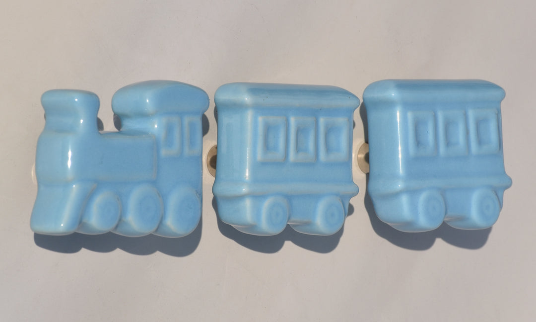 EXQUISITE  HANDMADE TRAIN (ONE ENGINE & TWO CABOOSE) SHAPE  CERAMIC WALL COAT HOOKS FOR HOME DECOR