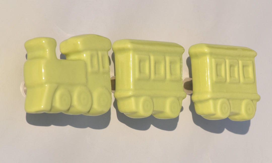 EXQUISITE  HANDMADE TRAIN (ONE ENGINE & TWO CABOOSE) SHAPE  CERAMIC WALL COAT HOOKS FOR HOME DECOR