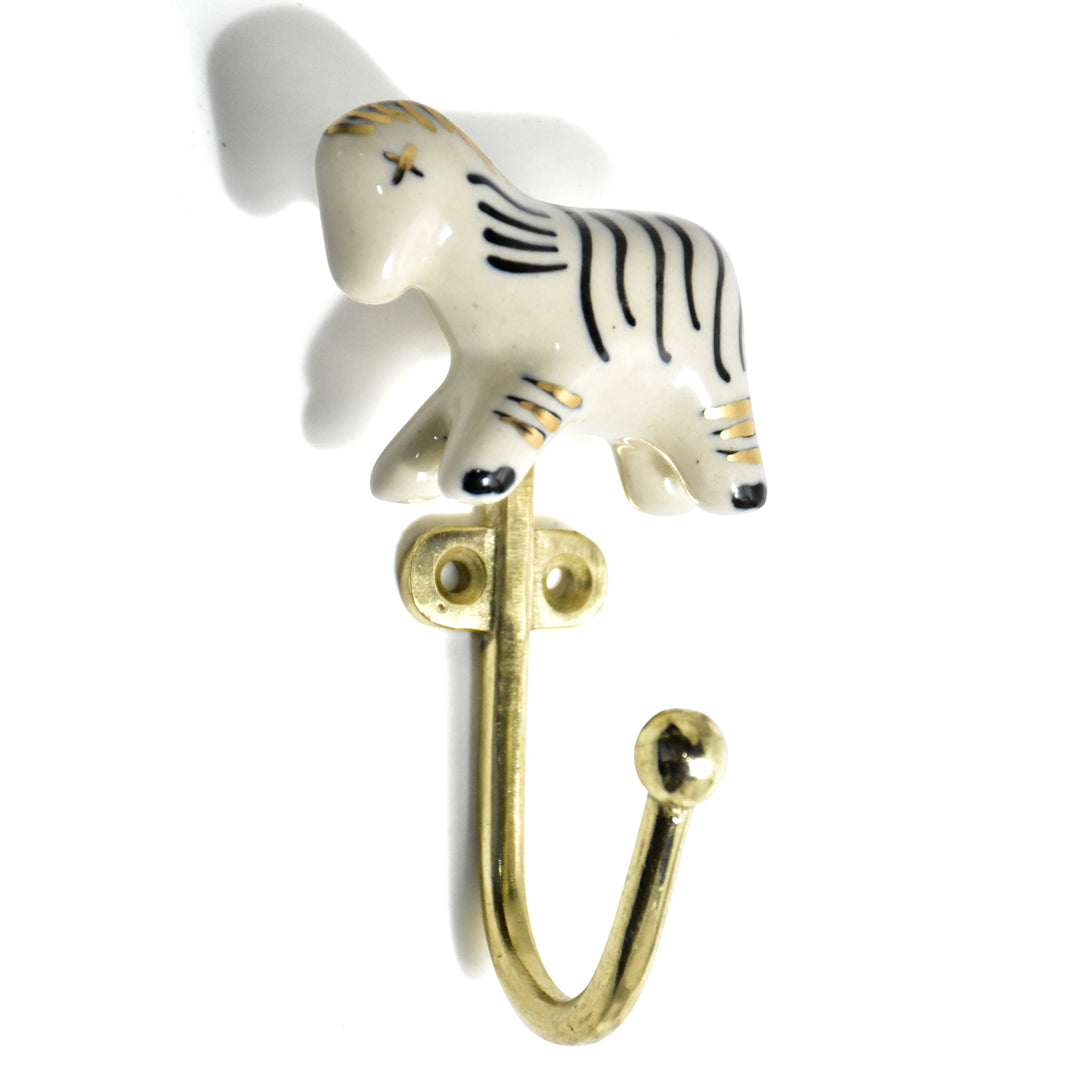Ceramic Animal Brass Wall Hook | Hand Painted Zebra &amp; Leopard Decor | SHILPWARE