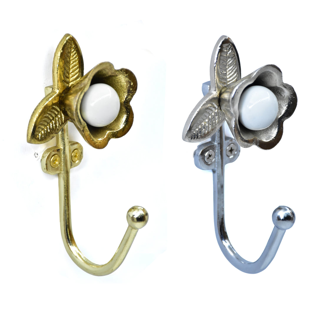 Handmade Floral Wall Hook | Gold or Chrome Metal Ceramic Knob | SHILPWARE