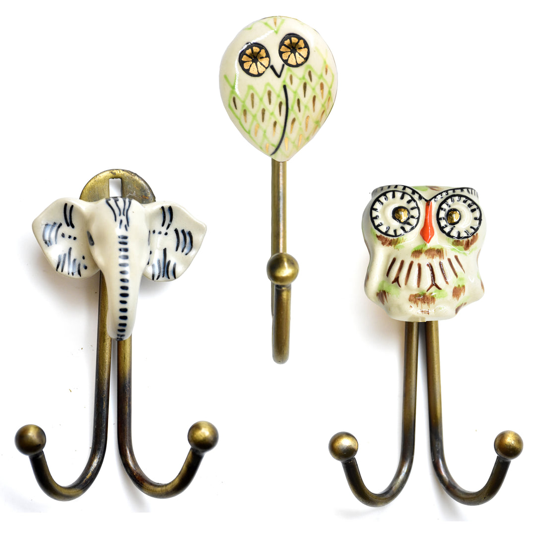 Hand-Painted Ceramic Animal Wall Hook | Brass Finish, Boho Decor | SHILPWARE