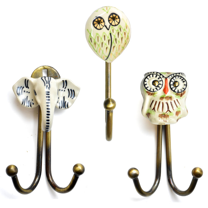 Hand-Painted Ceramic Animal Wall Hook | Brass Finish, Boho Decor | SHILPWARE