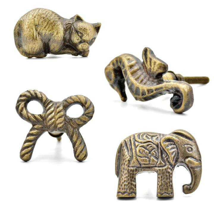 Brass Knobs | Elephant, Cat, Ribbon Knot &amp; Seahorse Drawer Pulls | Metal Animal Knob