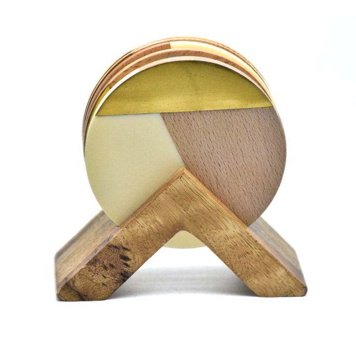 Resin Wood Coaster Set with Mango Wood Holder | Brass Inlay | SHILPWARE