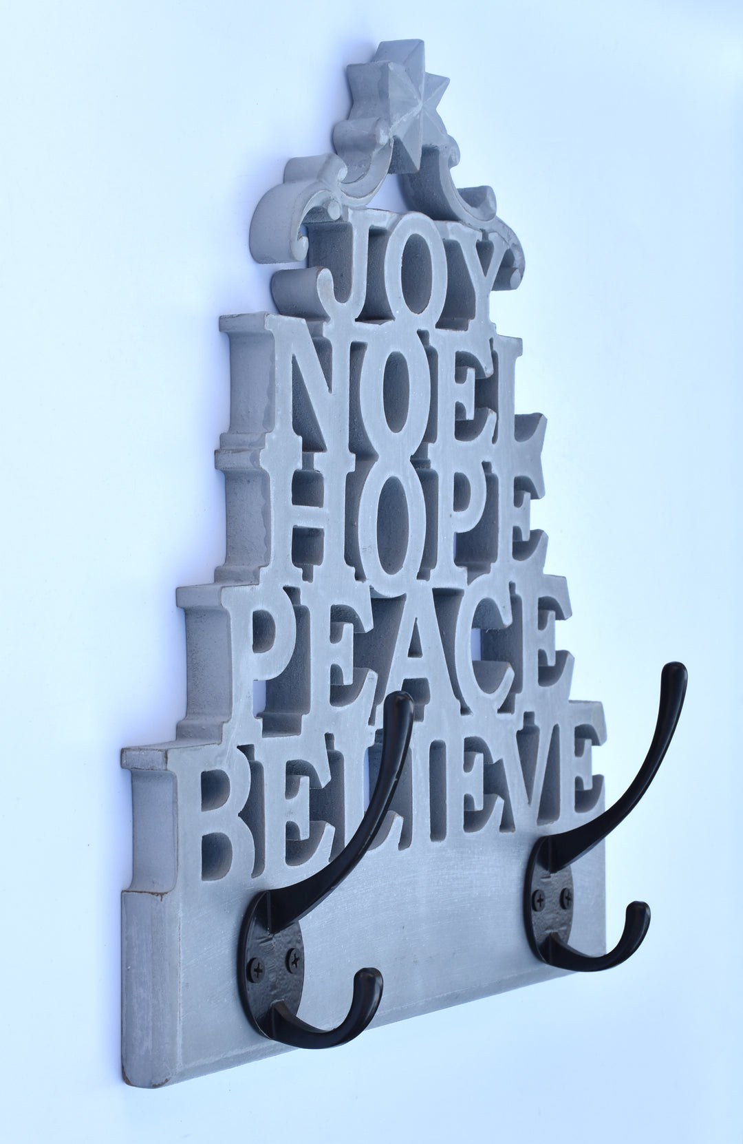 JOY/LOVE/NOEL/PEACE/BELIEVE WOODEN LASER CUT CHRISTMAS COAT IRON HOOKS SET