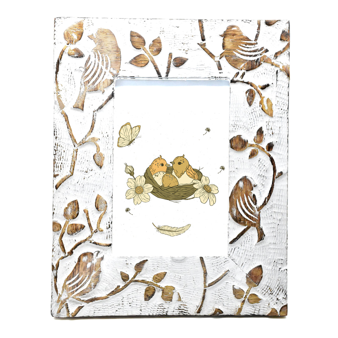 Hand Carved Whitewashed Wood Photo Frame | Floral, Bird, Geometric Designs, Rustic Home Decor