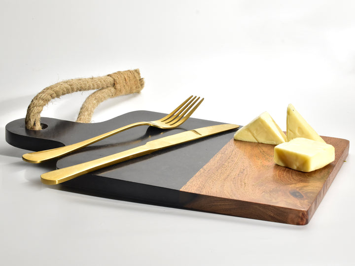 LUXURY MARBLE AND WOOD CHEESE AND BREAD BOARD WITH ROPE