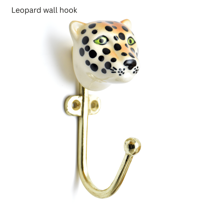 Ceramic Animal Brass Wall Hook | Hand Painted Zebra &amp; Leopard Decor | SHILPWARE