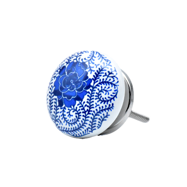 Ceramic Blue &amp; White Handmade Cabinet Knob | Floral Drawer Pull | Vintage Cupboard Knob