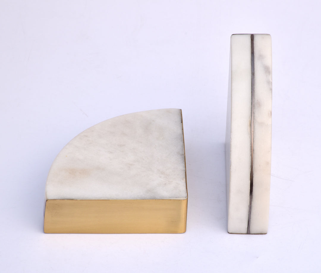 PREMIUM QUALITY BRASS INLAY QUARTER CIRCLE PATTERN MARBLE BOOKENDS (SET OF 2)