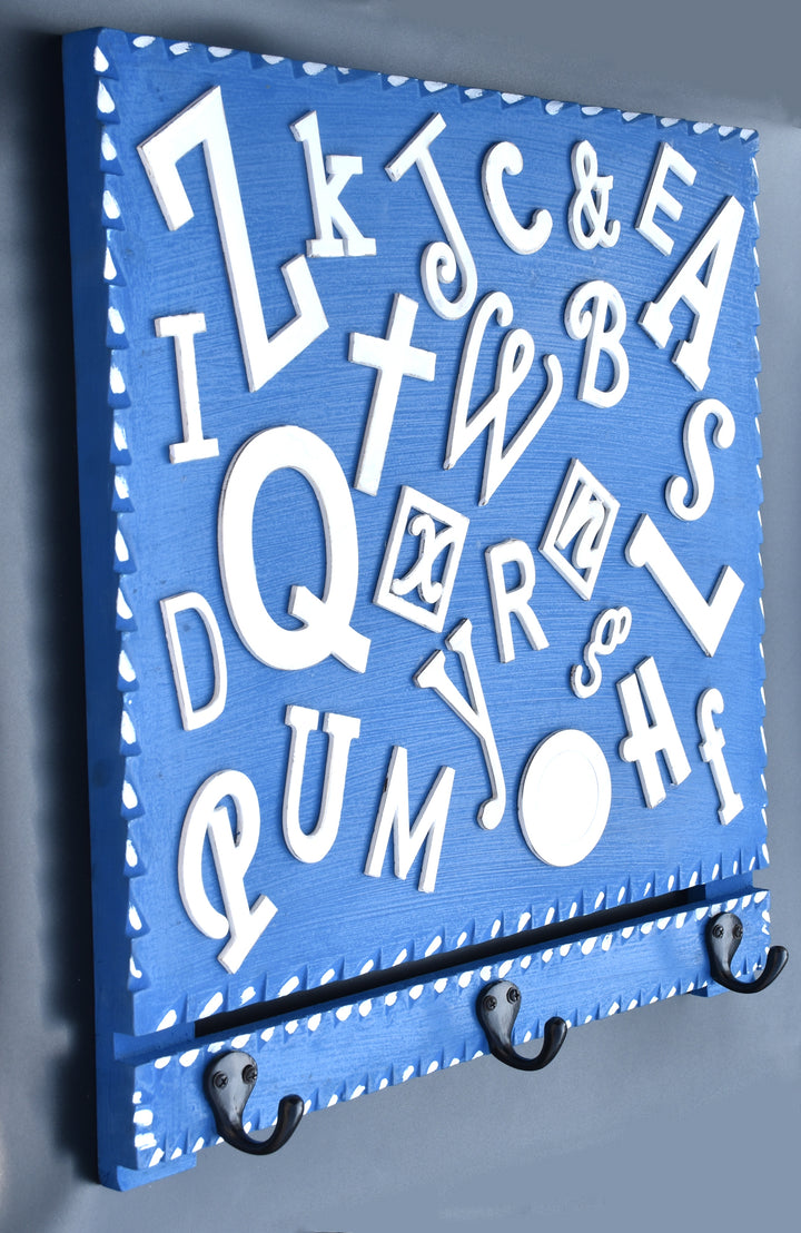 PREMIUM IRON COAT HOOK WITH WHITE ALPHABET LETTER ON BLUE WOOD BASE