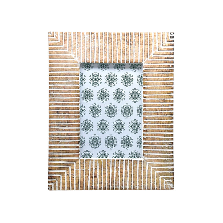 Hand Carved Whitewashed Wood Photo Frame | Floral, Bird, Geometric Designs, Rustic Home Decor