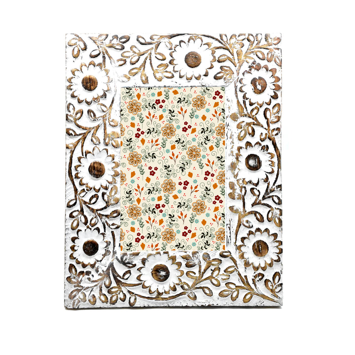 Hand Carved Whitewashed Wood Photo Frame | Floral, Bird, Geometric Designs, Rustic Home Decor