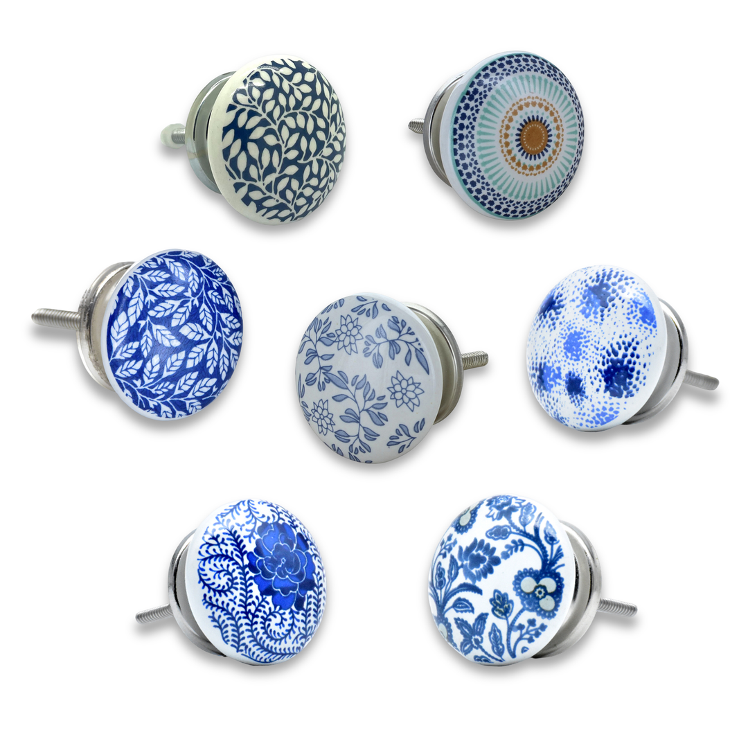 Ceramic Blue &amp; White Handmade Cabinet Knob | Floral Drawer Pull | Vintage Cupboard Knob
