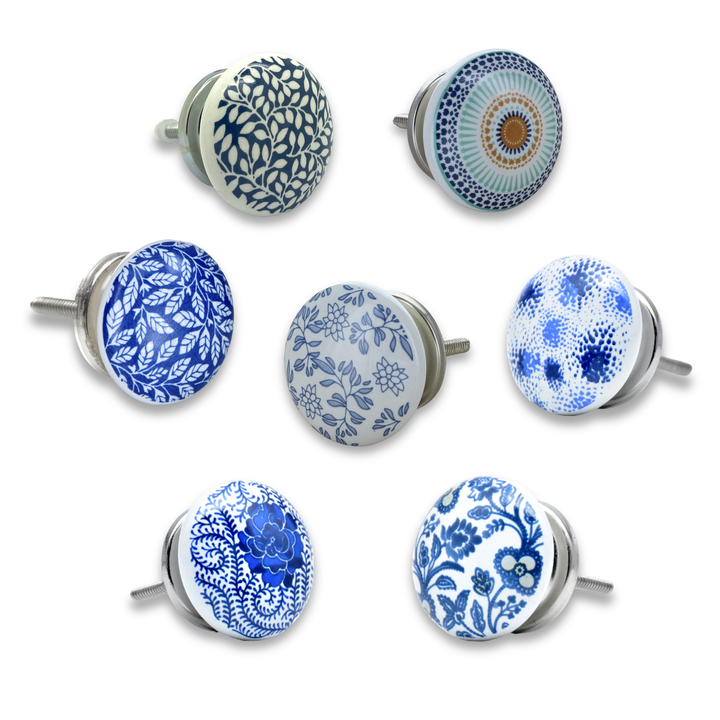Ceramic Blue &amp; White Handmade Cabinet Knob | Floral Drawer Pull | Vintage Cupboard Knob