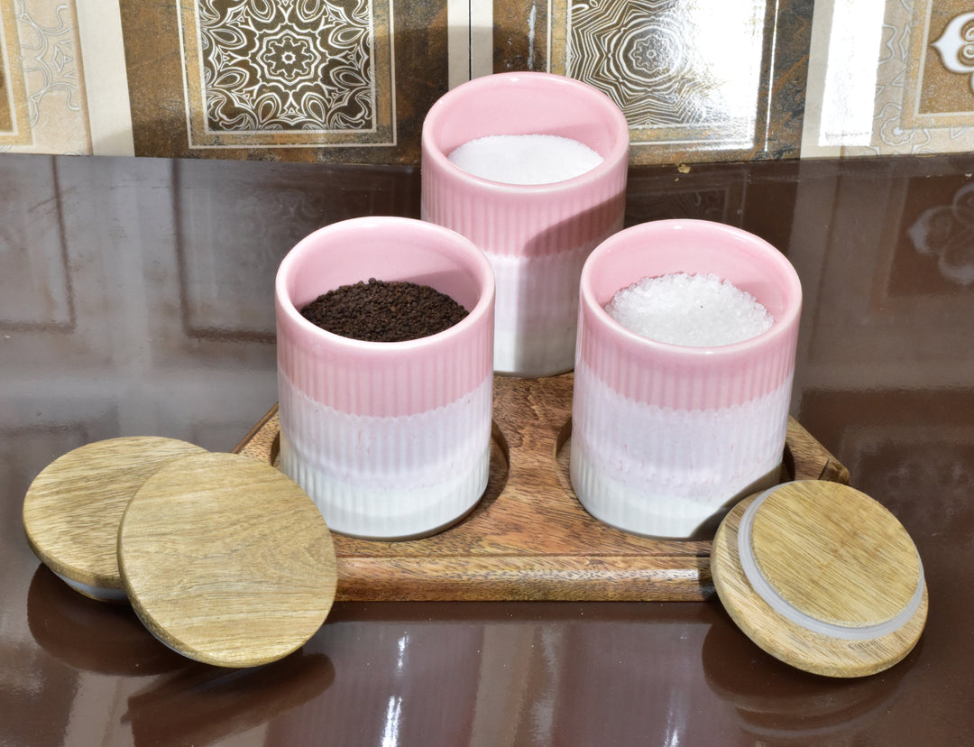 STYLISH STORAGE LARGE CERAMIC LOVE JARS WITH WOODEN LIDS - PACK OF 3