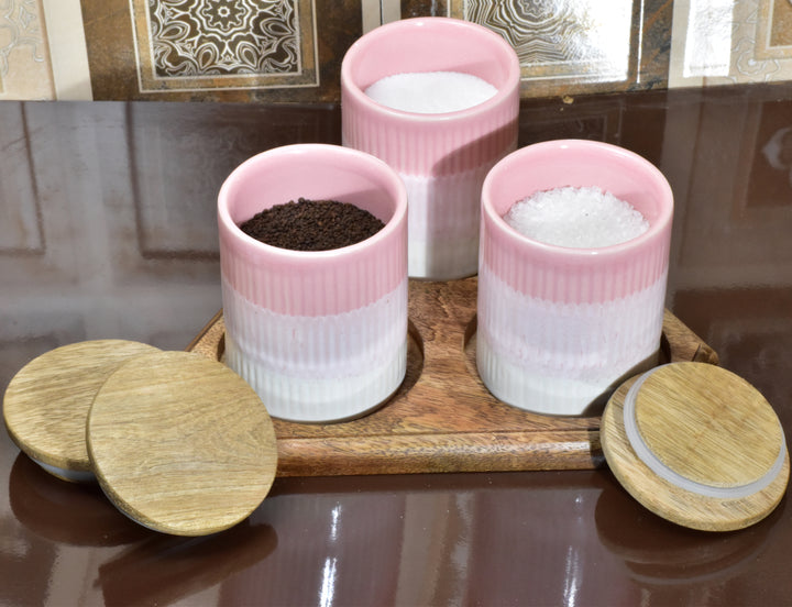 STYLISH STORAGE LARGE CERAMIC LOVE JARS WITH WOODEN LIDS - PACK OF 3