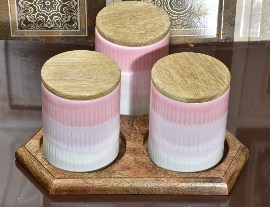 STYLISH STORAGE LARGE CERAMIC LOVE JARS WITH WOODEN LIDS - PACK OF 3