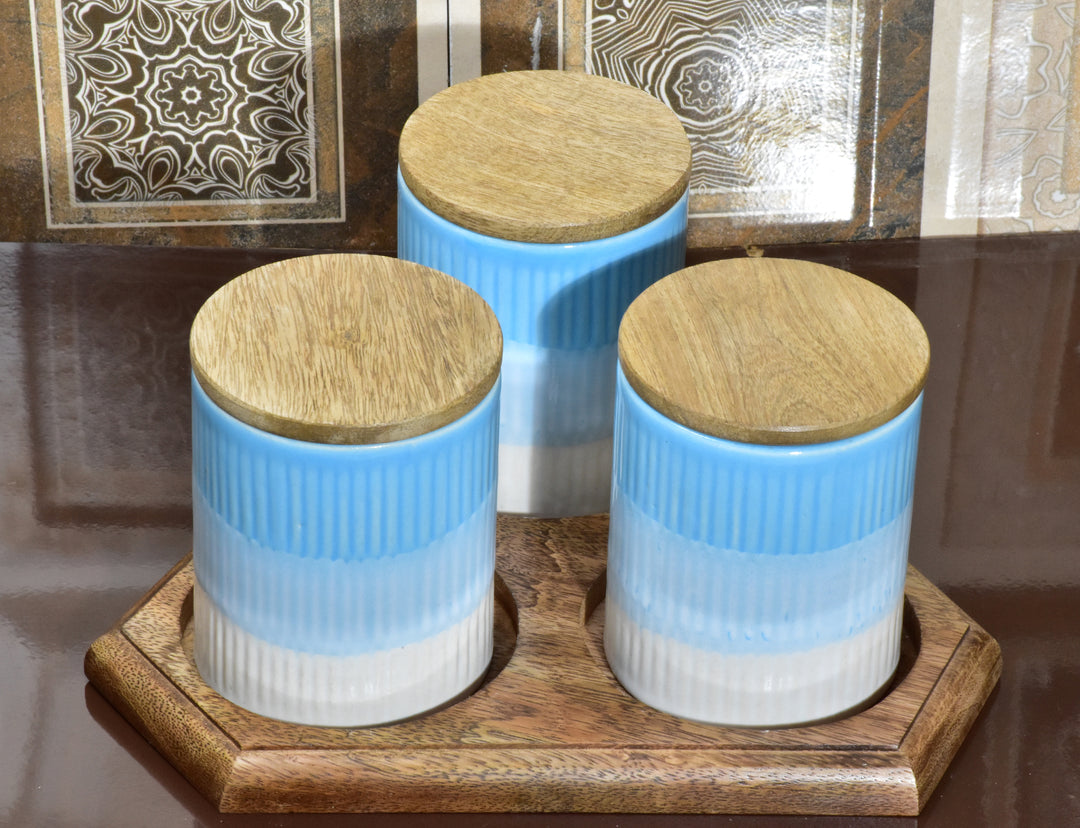 STYLISH STORAGE LARGE CERAMIC LOVE JARS WITH WOODEN LIDS - PACK OF 3