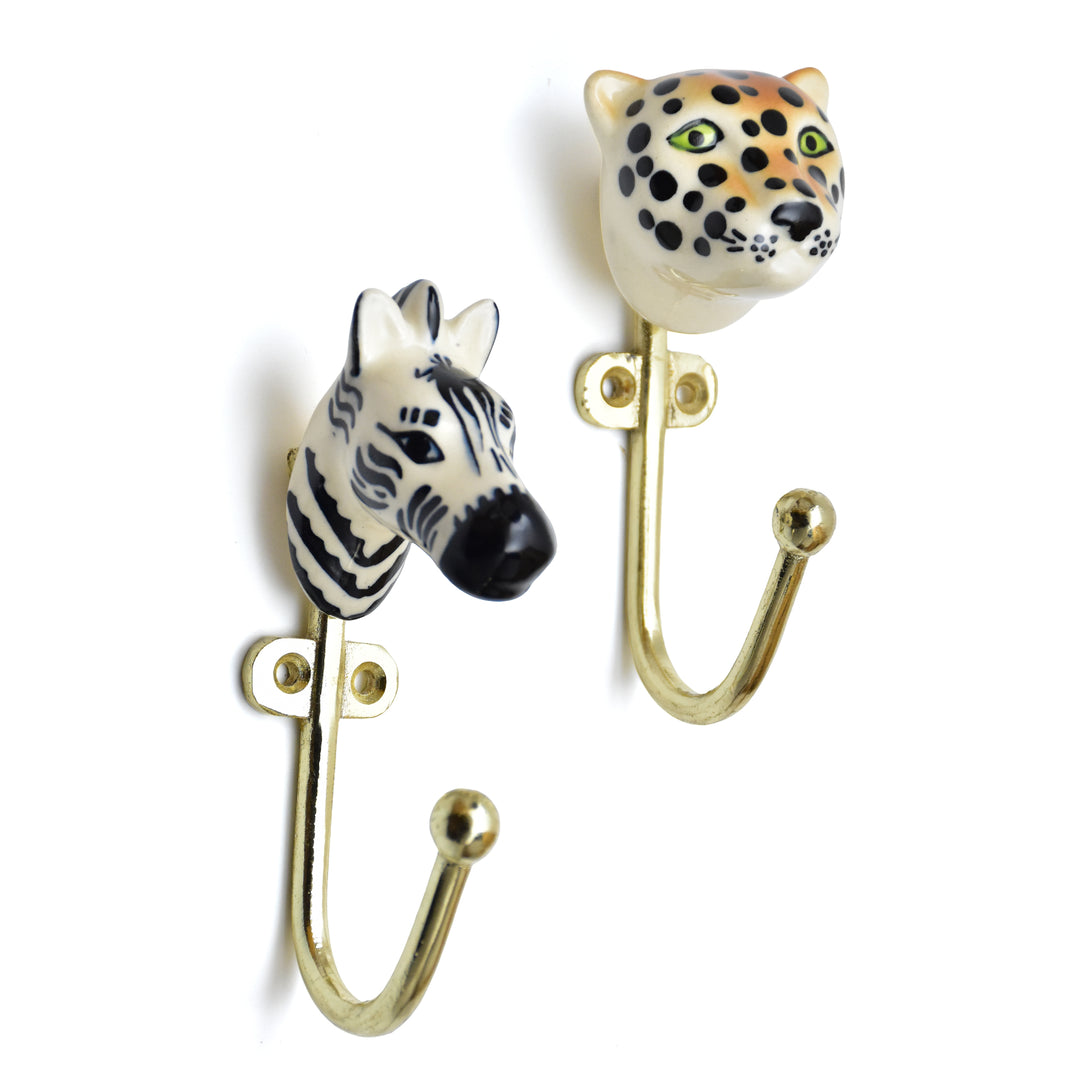 Ceramic Animal Brass Wall Hook | Hand Painted Zebra &amp; Leopard Decor | SHILPWARE