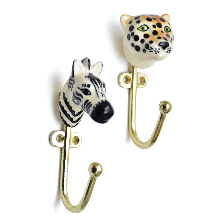 Ceramic Animal Brass Wall Hook | Hand Painted Zebra &amp; Leopard Decor | SHILPWARE