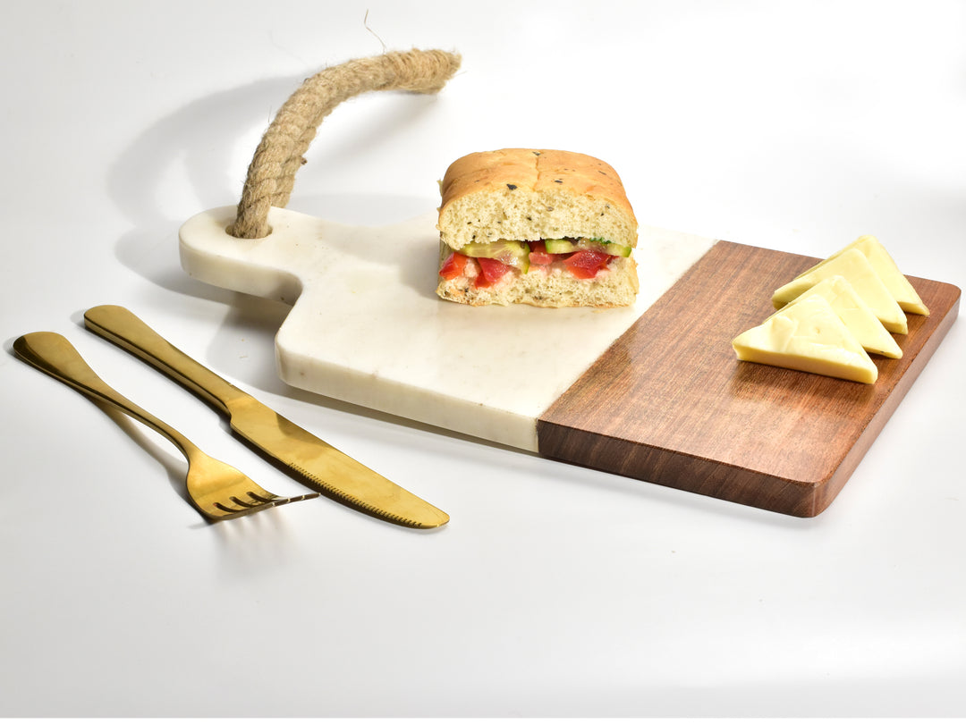 LUXURY MARBLE AND WOOD CHEESE AND BREAD BOARD WITH ROPE