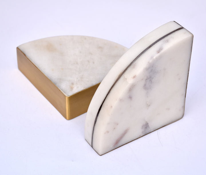 PREMIUM QUALITY BRASS INLAY QUARTER CIRCLE PATTERN MARBLE BOOKENDS (SET OF 2)