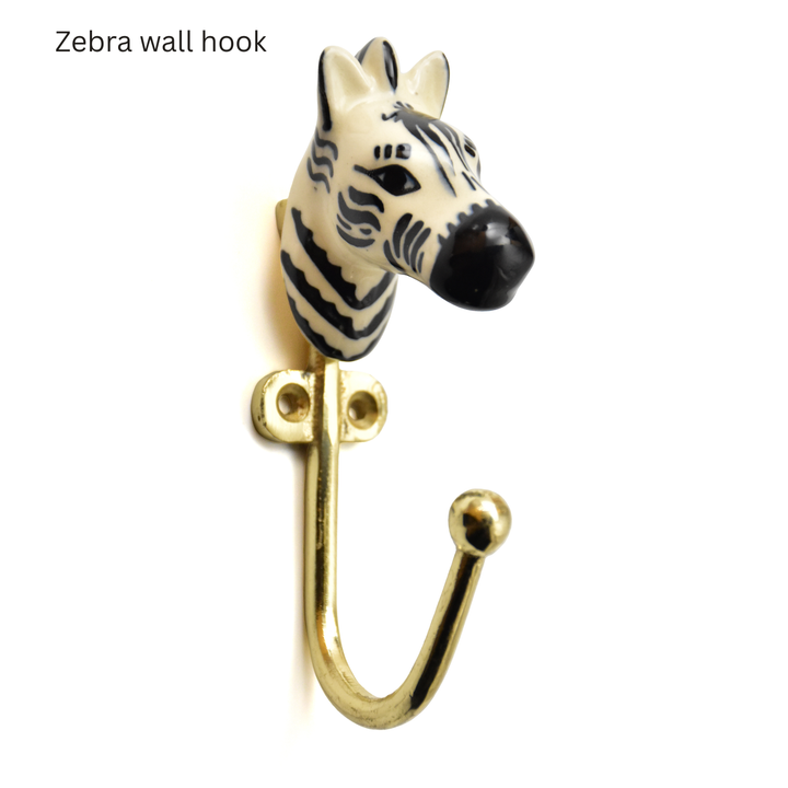 Ceramic Animal Brass Wall Hook | Hand Painted Zebra &amp; Leopard Decor | SHILPWARE