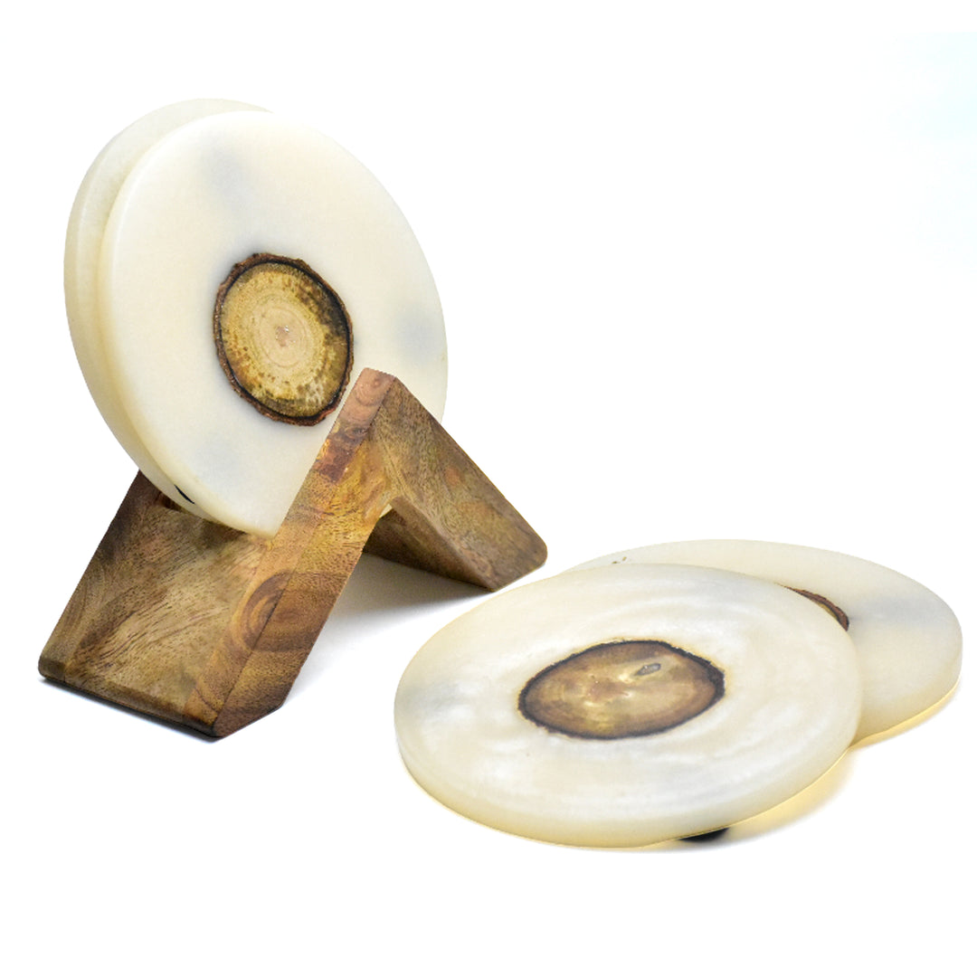 Resin Wood Coaster Set with Mango Wood Holder | Brass Inlay | SHILPWARE