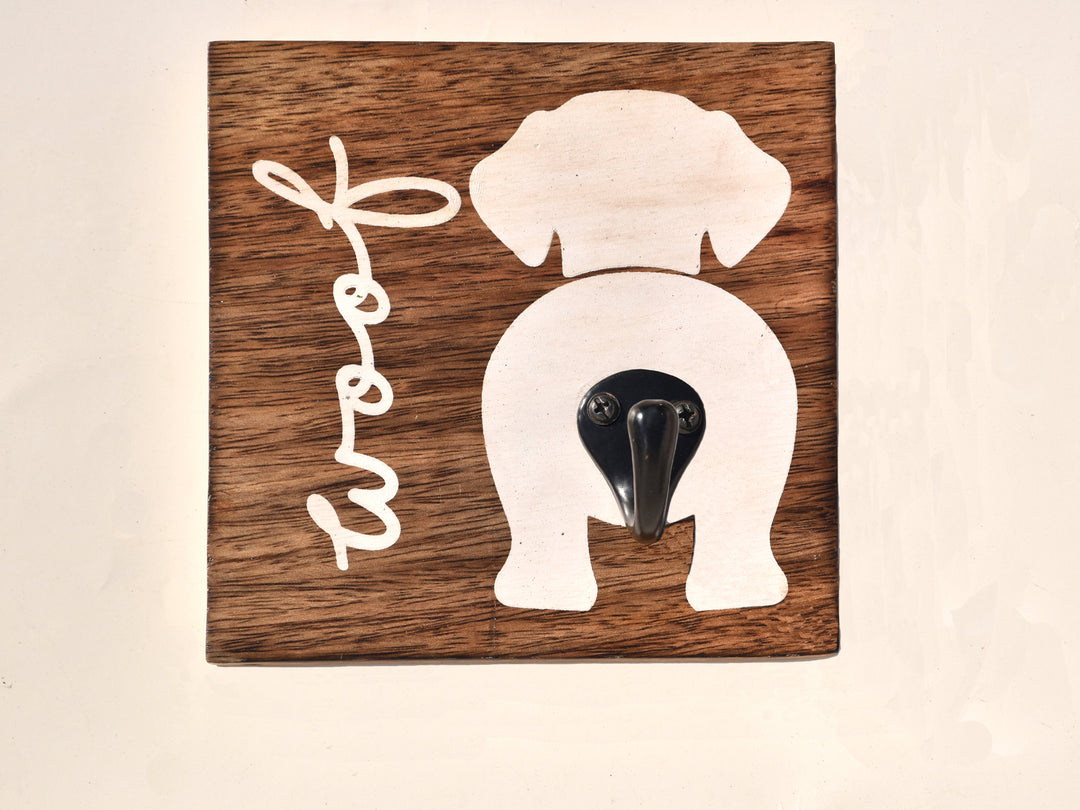 PREMIUM CAST IRON BLACK WALL HOOK WITH WHITE DOG PRINTED ON WOOD BASE