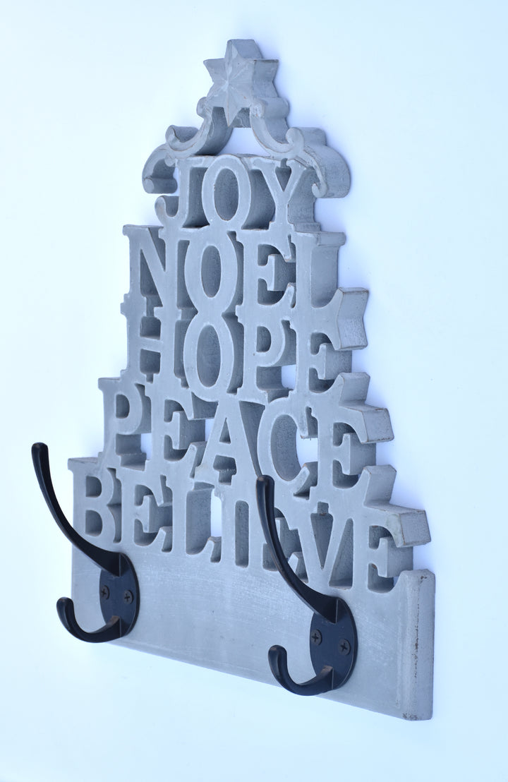 JOY/LOVE/NOEL/PEACE/BELIEVE WOODEN LASER CUT CHRISTMAS COAT IRON HOOKS SET