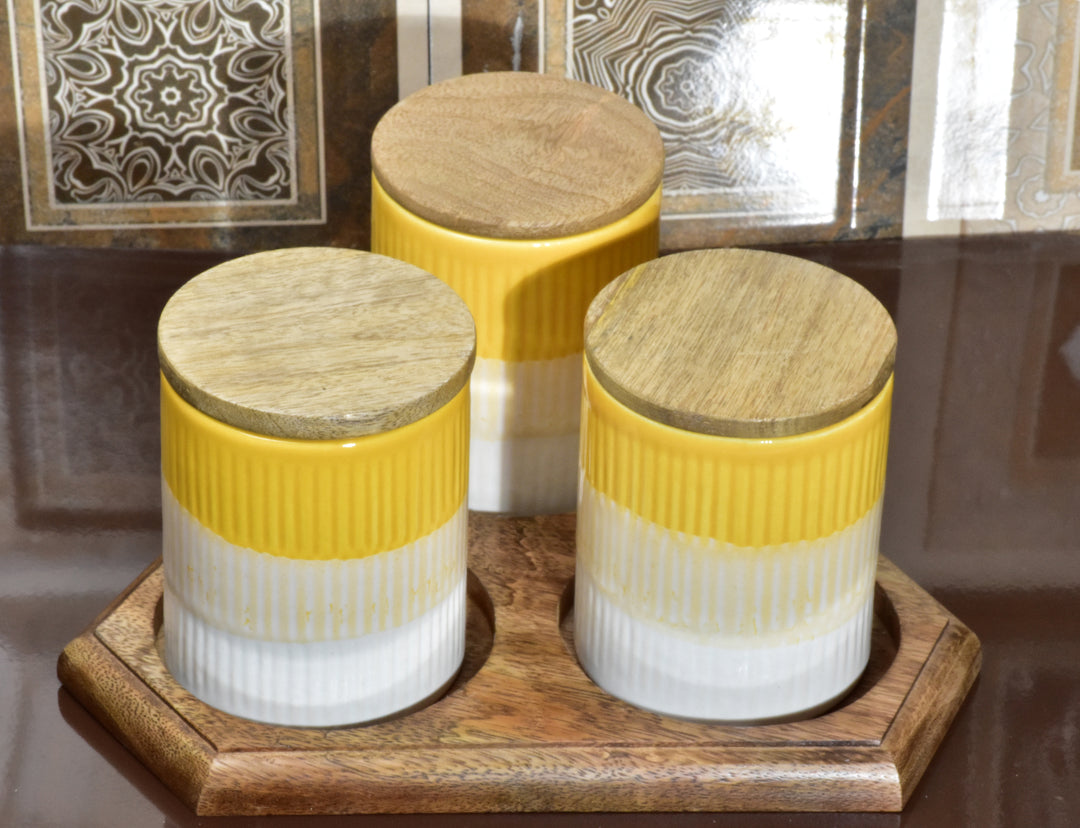 STYLISH STORAGE LARGE CERAMIC LOVE JARS WITH WOODEN LIDS - PACK OF 3