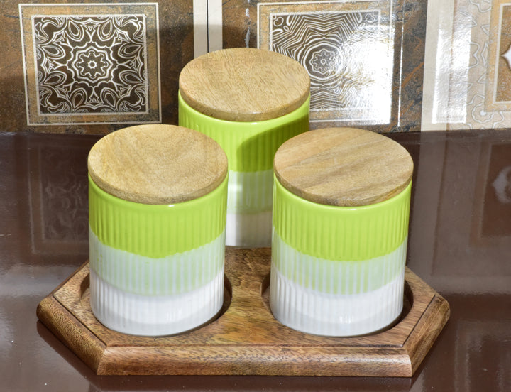 STYLISH STORAGE LARGE CERAMIC LOVE JARS WITH WOODEN LIDS - PACK OF 3