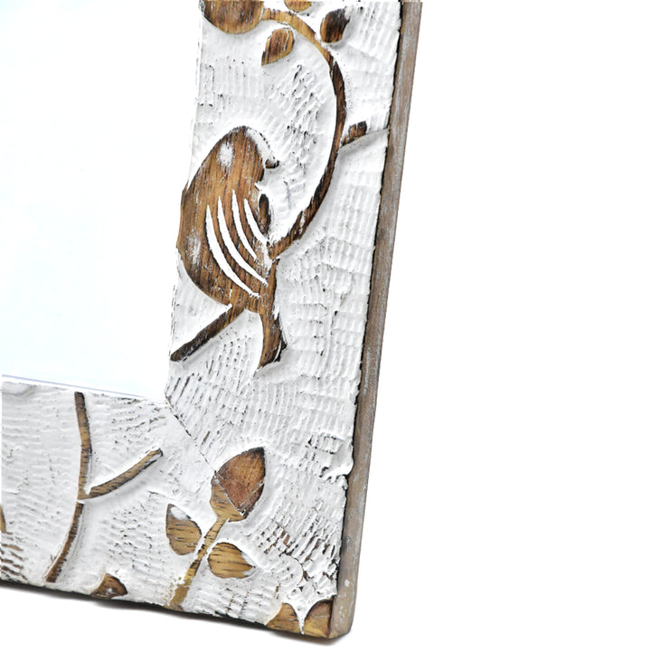 Hand Carved Whitewashed Wood Photo Frame | Floral, Bird, Geometric Designs, Rustic Home Decor