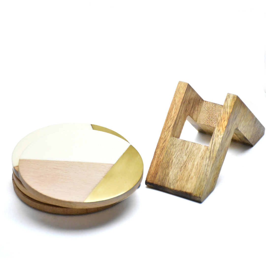 Resin Wood Coaster Set with Mango Wood Holder | Brass Inlay | SHILPWARE