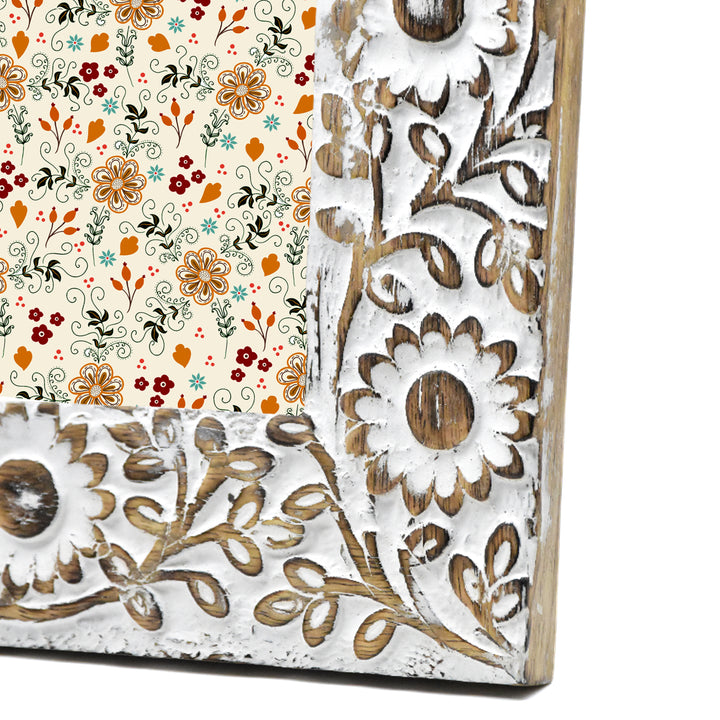 Hand Carved Whitewashed Wood Photo Frame | Floral, Bird, Geometric Designs, Rustic Home Decor