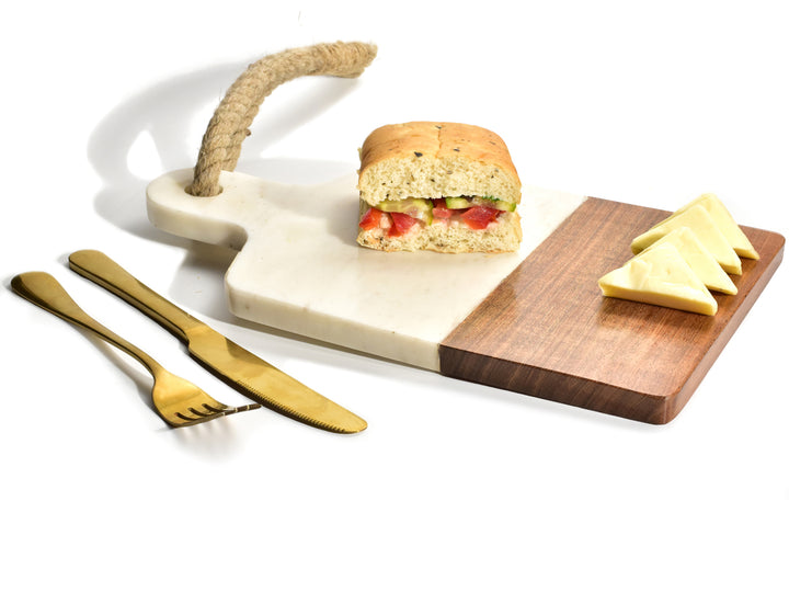 LUXURY MARBLE AND WOOD CHEESE AND BREAD BOARD WITH ROPE