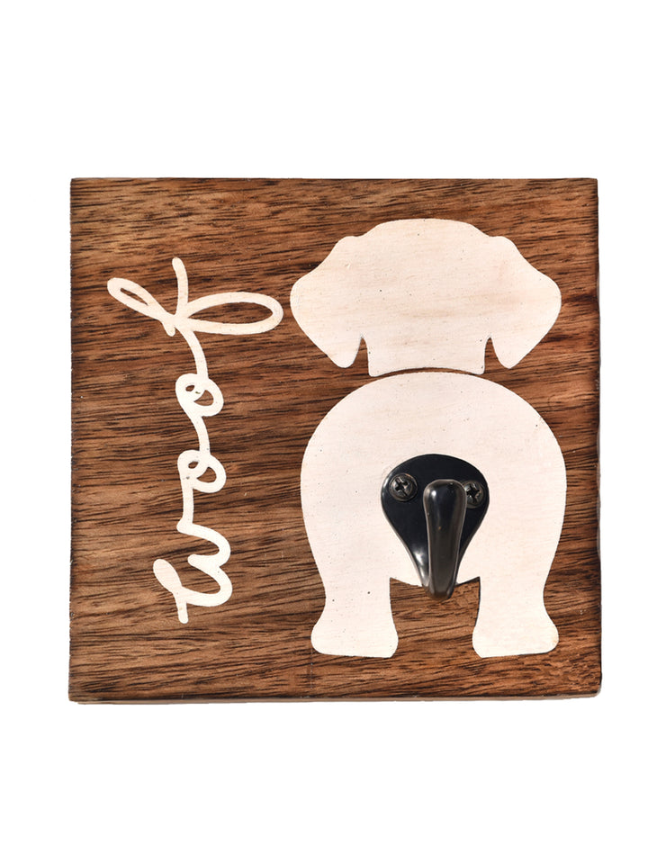 PREMIUM CAST IRON BLACK WALL HOOK WITH WHITE DOG PRINTED ON WOOD BASE