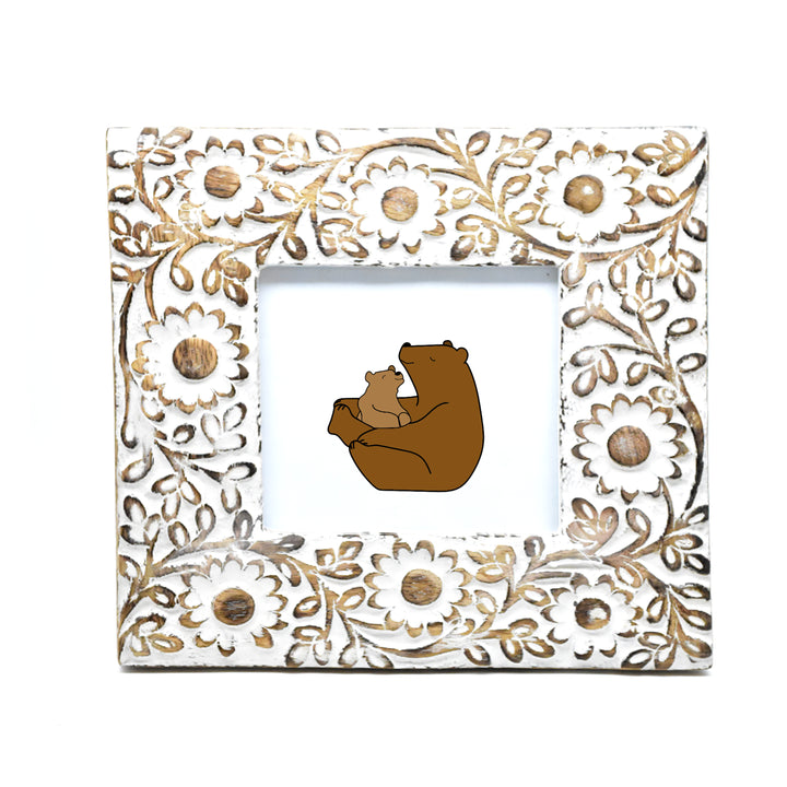Hand Carved Whitewashed Wood Photo Frame | Floral, Bird, Geometric Designs, Rustic Home Decor