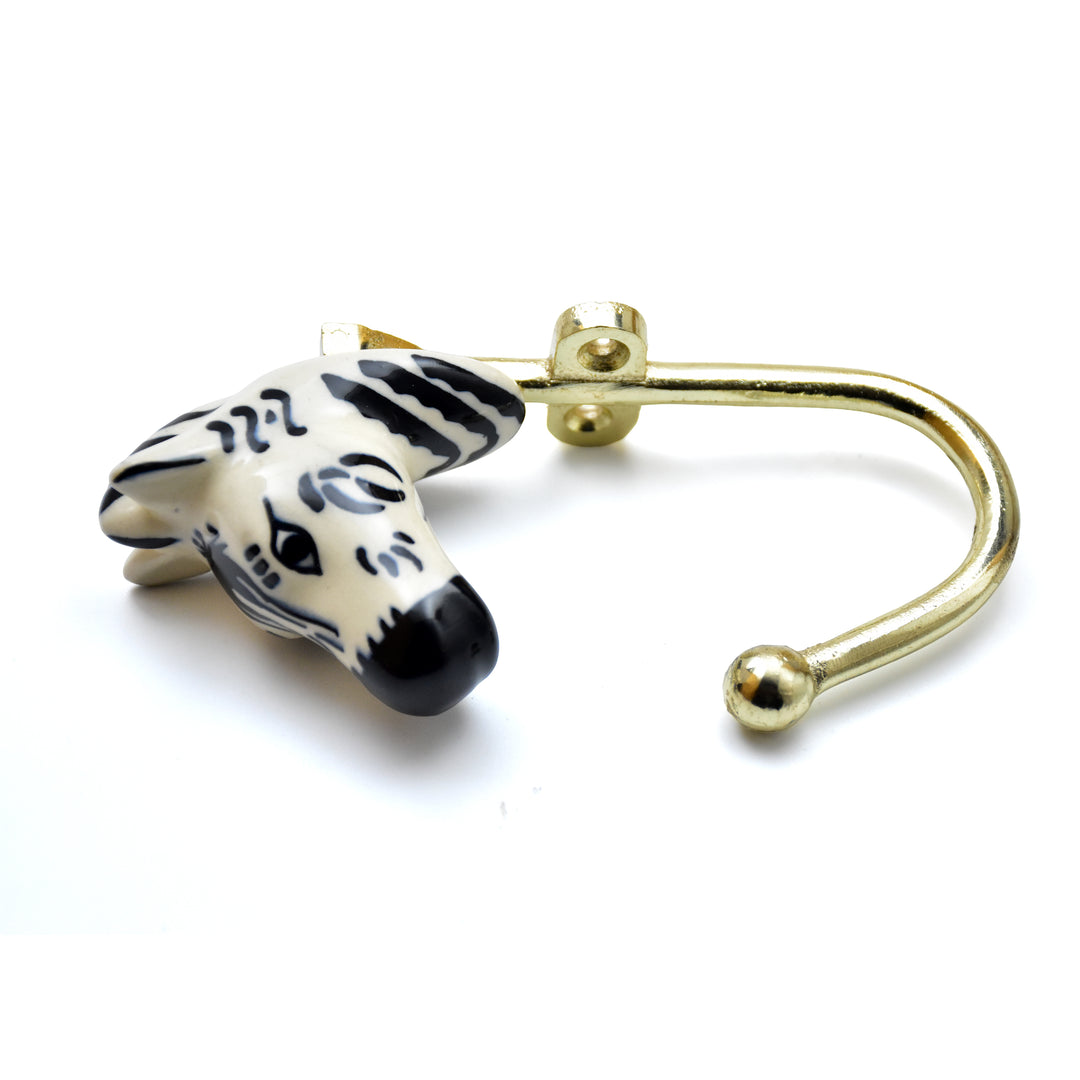 Ceramic Animal Brass Wall Hook | Hand Painted Zebra &amp; Leopard Decor | SHILPWARE