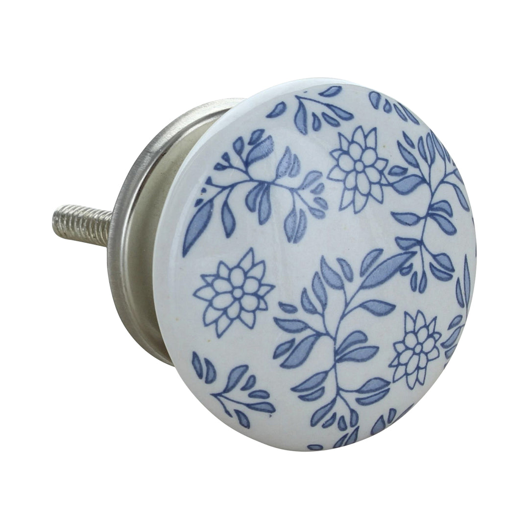 Ceramic Blue &amp; White Handmade Cabinet Knob | Floral Drawer Pull | Vintage Cupboard Knob