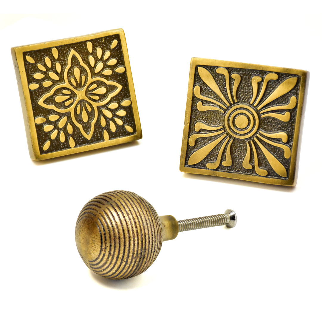 Antique Brass Cabinet Knob | Floral Sunburst Drawer Pull | SHILPWARE