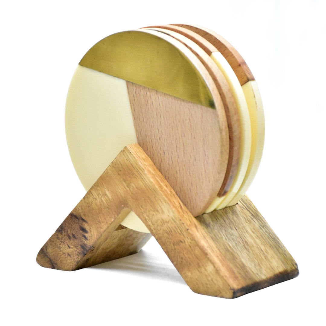 Resin Wood Coaster Set with Mango Wood Holder | Brass Inlay | SHILPWARE