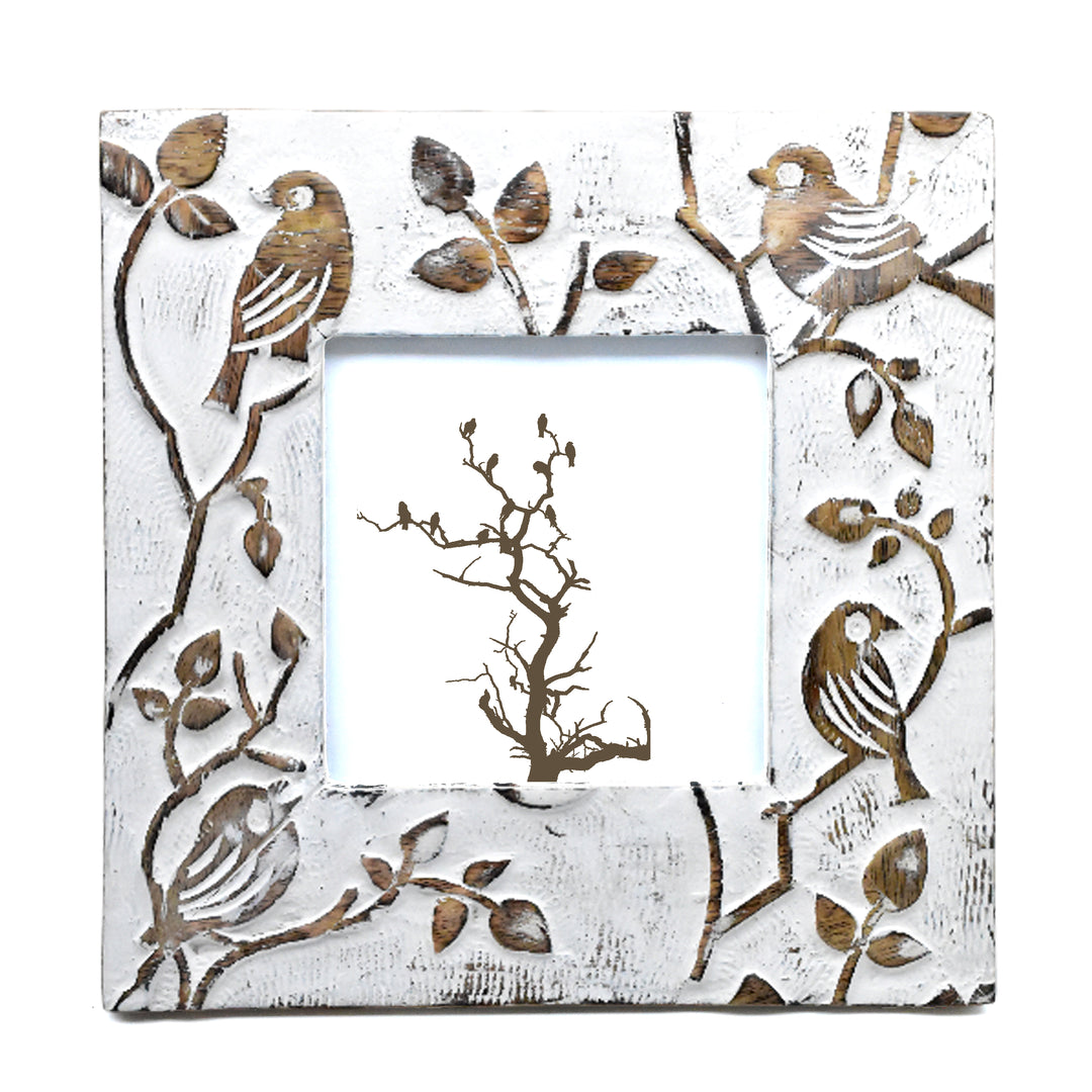 Hand Carved Whitewashed Wood Photo Frame | Floral, Bird, Geometric Designs, Rustic Home Decor