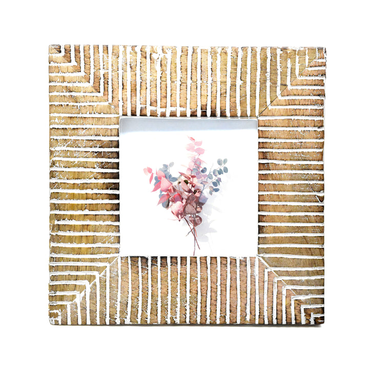 Hand Carved Whitewashed Wood Photo Frame | Floral, Bird, Geometric Designs, Rustic Home Decor