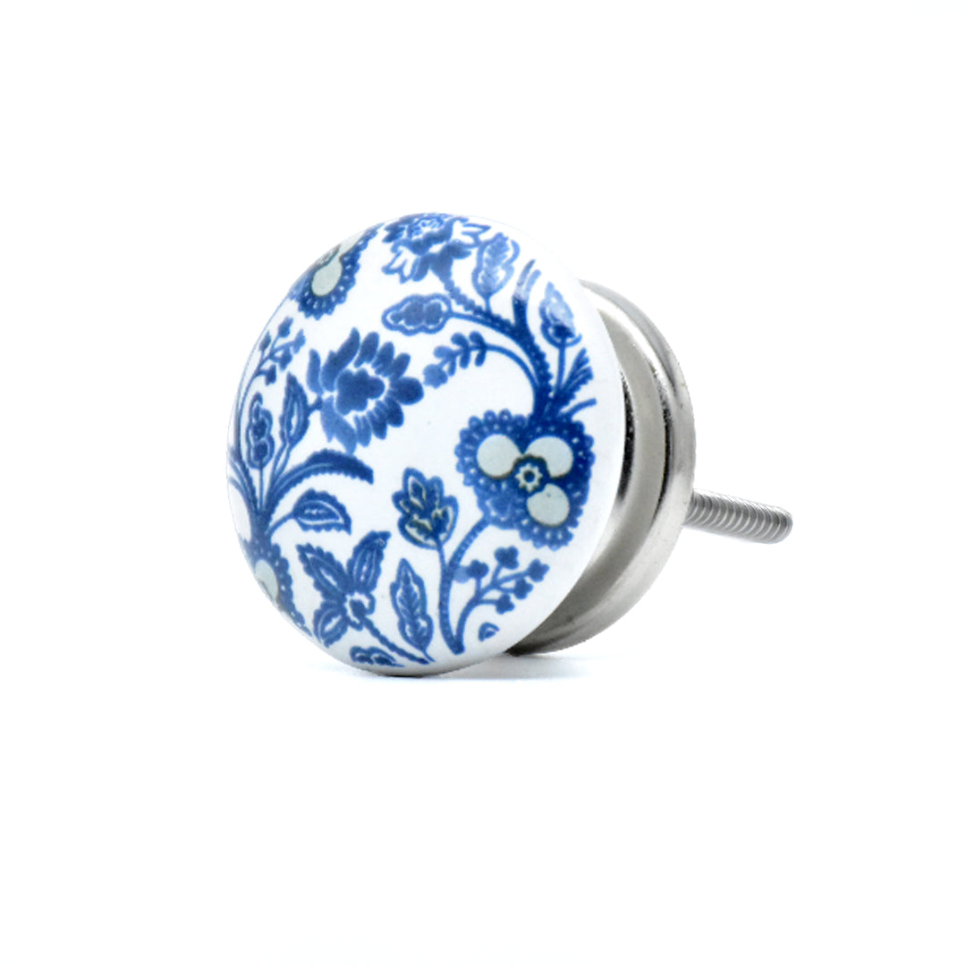 Ceramic Blue &amp; White Handmade Cabinet Knob | Floral Drawer Pull | Vintage Cupboard Knob