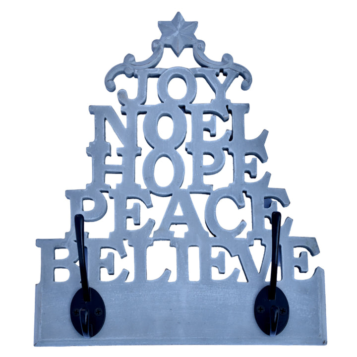 JOY/LOVE/NOEL/PEACE/BELIEVE WOODEN LASER CUT CHRISTMAS COAT IRON HOOKS SET