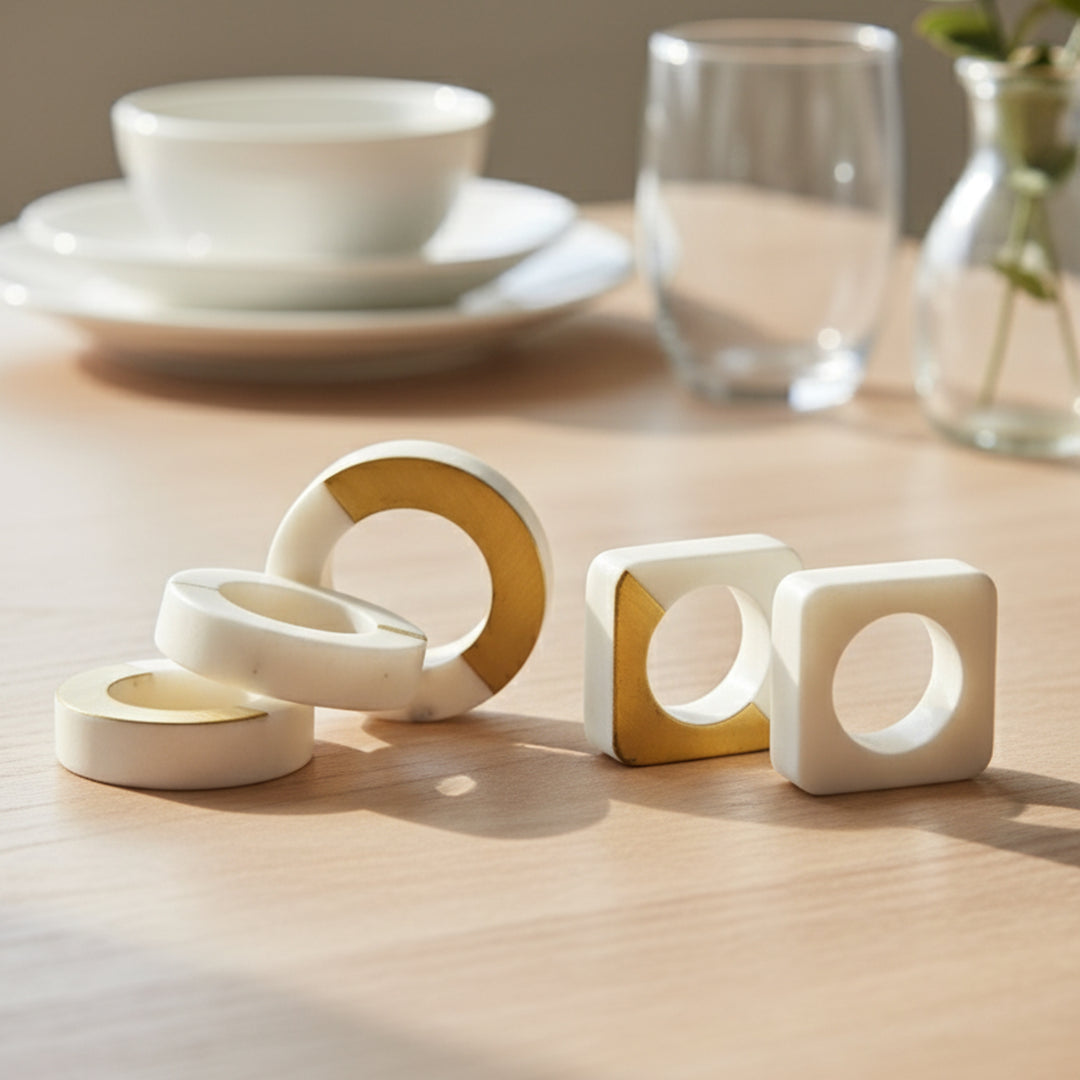 Marble and Brass Napkin Rings | Minimalist Round | Square Geometric Table Decor