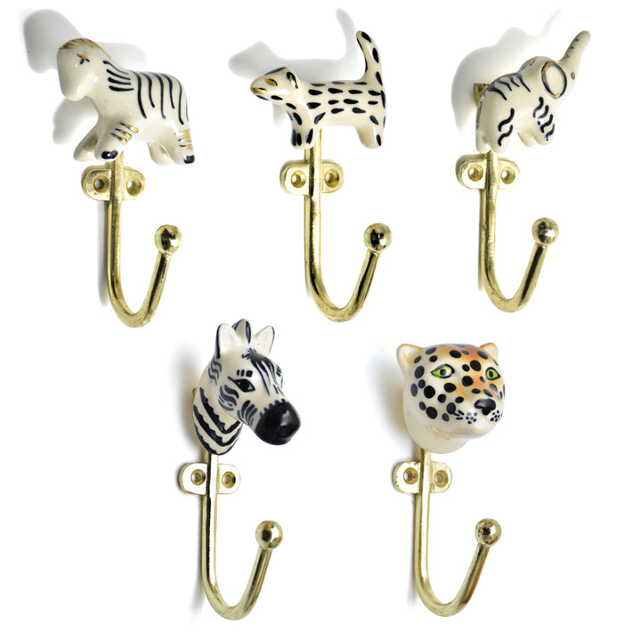 Ceramic Animal Brass Wall Hook | Hand Painted Zebra &amp; Leopard Decor | SHILPWARE