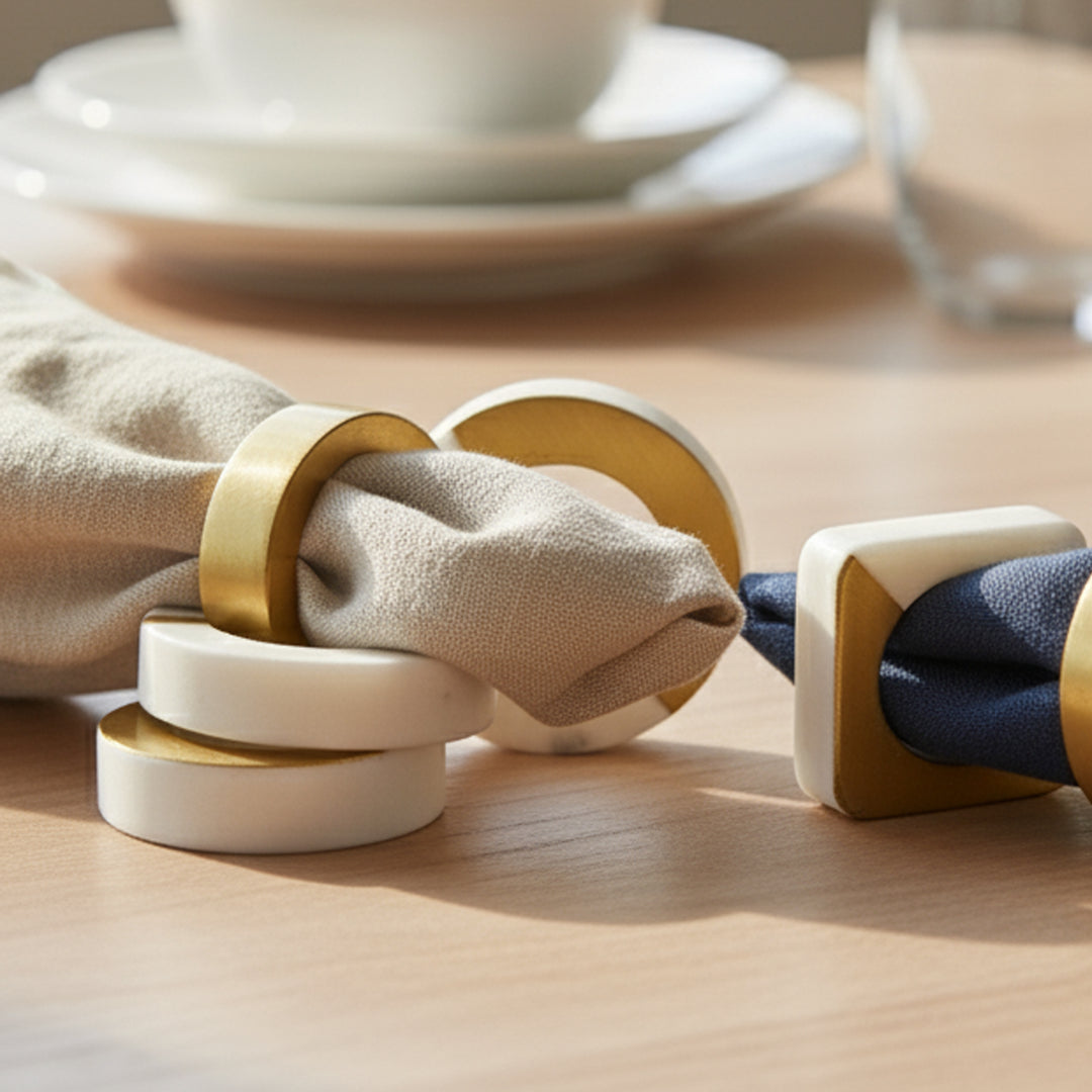 Marble and Brass Napkin Rings | Minimalist Round | Square Geometric Table Decor